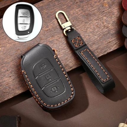 Hallmo Cowhide Leather Protective Key Case for Hyundai IX35 B Style black stitched key fob cover with leather strap and brass clip