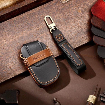 Hallmo Cowhide Leather Protective Key Case for Hyundai IX35 B Style black leather key case with brown stitching and keyring