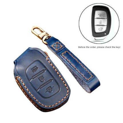 Hallmo Cowhide Leather Protective Key Case for Hyundai IX35 B Style - blue leather key cover with strap protecting button fob