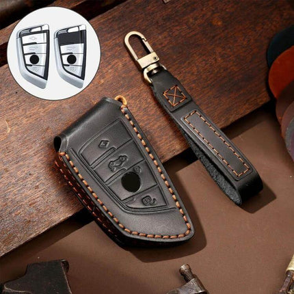 Hallmo Cowhide Leather Protective Key Cover for BMW Keys — genuine cowhide leather black key cover with stitch detail and strap
