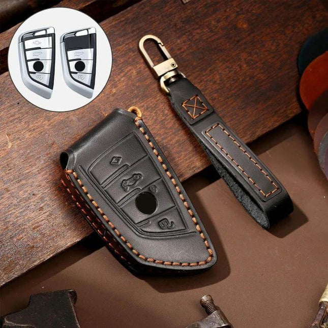 Hallmo Cowhide Leather Protective Key Cover for BMW Keys — genuine cowhide leather black key cover with stitch detail and strap