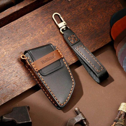 Hallmo Cowhide Leather Protective Key Cover for BMW Keys - black genuine cowhide protective case with key fob strap, stitched leather design