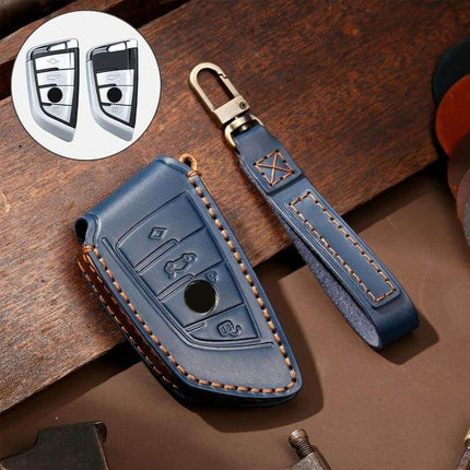 Hallmo Cowhide Leather Protective Key Cover for BMW Keys - navy blue leather BMW key case with strap, stitched cowhide protection