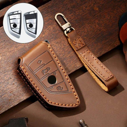 Hallmo Cowhide Leather Protective Key Cover for BMW Keys in brown genuine leather with stitched key fob case and strap