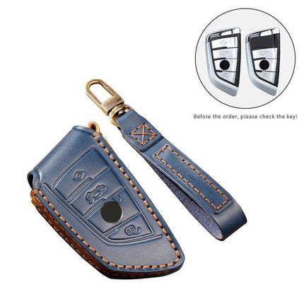 Hallmo Cowhide Leather Protective Key Cover for BMW Keys in navy with stitched strap and keyring for scratch protection