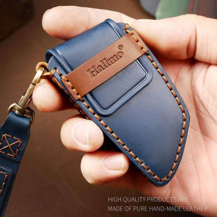 Hallmo Cowhide Leather Protective Key Cover for BMW Keys - blue genuine cowhide leather key case with stitched edges and keyring