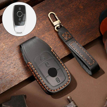 Hallmo Cowhide Leather Key Cover for Mercedes-Benz E300L protecting key with stitched black leather case and matching key strap