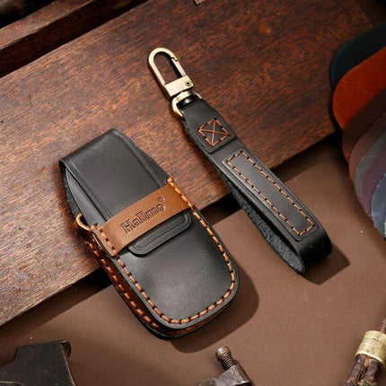 Hallmo Cowhide Leather Key Cover for Mercedes-Benz E300L black brown genuine cowhide leather protective key case with strap