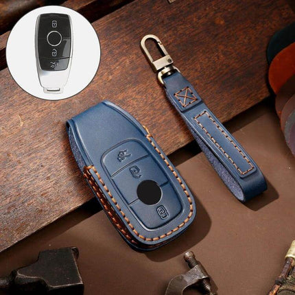 Hallmo Cowhide Leather Key Cover for Mercedes-Benz E300L in navy blue with stitched strap protecting car key