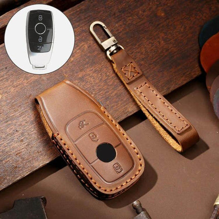 Hallmo Cowhide Leather Key Cover for Mercedes-Benz E300L in brown genuine cowhide leather with key fob and leather strap