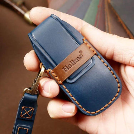 Hallmo Cowhide Leather Key Cover for Mercedes-Benz E300L navy blue cowhide leather key cover with brown stitching and keyring