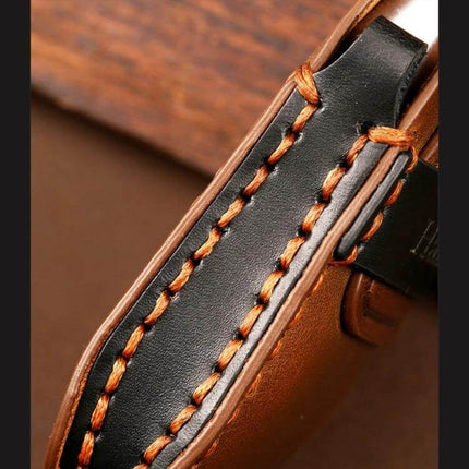 Hallmo Cowhide Leather Key Cover for Mercedes-Benz E300L close-up of black leather with orange stitching protecting car key
