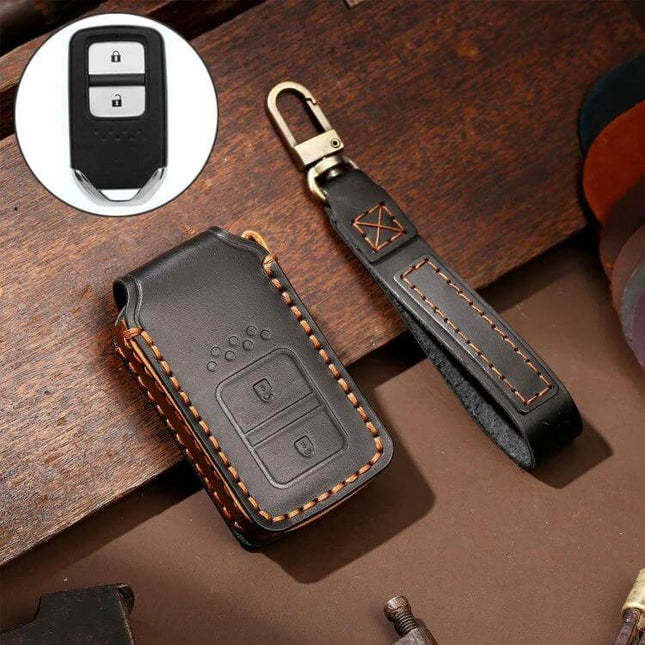 Hallmo Cowhide Leather Protective Key Case for Honda 2-Button Keys - black genuine cowhide key cover with stitched strap and brass clip