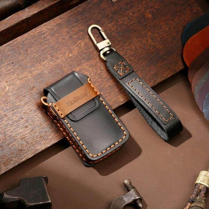 Hallmo Cowhide Leather Protective Key Case for Honda 2-Button Keys - black genuine cowhide leather key case with strap and brass clip