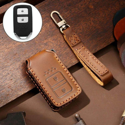 Hallmo Cowhide Leather Protective Key Case for Honda 2-Button Keys brown genuine leather key cover with wrist strap, protective stitched design