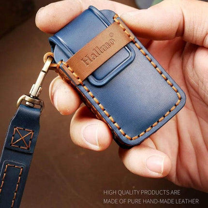 Hallmo Cowhide Leather Protective Key Case for Honda 2-Button Keys - navy blue hand-held genuine cowhide leather key fob cover