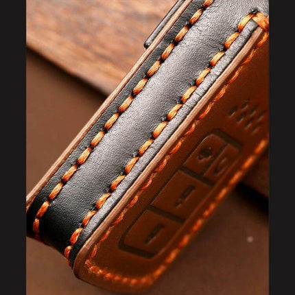 Hallmo Cowhide Leather Protective Key Case for Honda 2-Button Keys brown stitched close-up showing leather texture and button cutouts