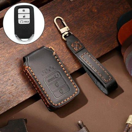 Hallmo Cowhide Leather Key Case for Honda Civic and Accord Keys shown in brown stitched leather with key fob and wrist strap