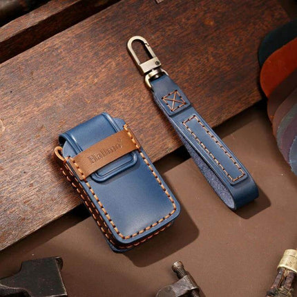 Hallmo Cowhide Leather Key Case for Honda Civic and Accord Keys - blue leather key case with strap, stitched cowhide protection for Honda keys