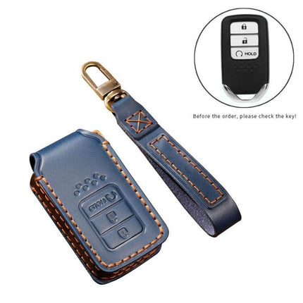 Hallmo Cowhide Leather Key Case for Honda Civic and Accord Keys - blue cowhide leather protective key case with wrist strap and brass clip