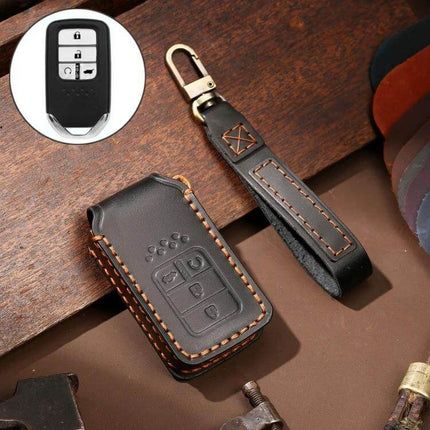 Hallmo Cowhide Leather Protective Key Cover for Honda 4-Button brown stitched leather key case with wrist strap
