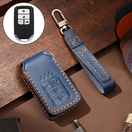 Hallmo Cowhide Leather Protective Key Cover for Honda 4-Button in blue with wrist strap, stitched genuine leather key case protecting buttons