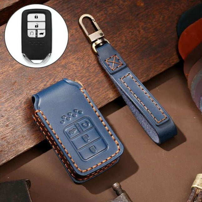 Hallmo Cowhide Leather Protective Key Cover for Honda 4-Button in blue with wrist strap, stitched genuine leather key case protecting buttons