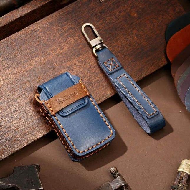 Hallmo Cowhide Leather Protective Key Cover for Honda 4-Button in blue with leather strap, stitched cowhide case protecting Honda 4-button key