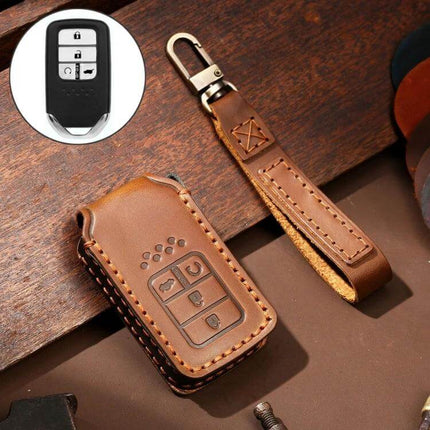 Hallmo Cowhide Leather Protective Key Cover for Honda 4-Button brown leather case with wrist strap and stitched finish