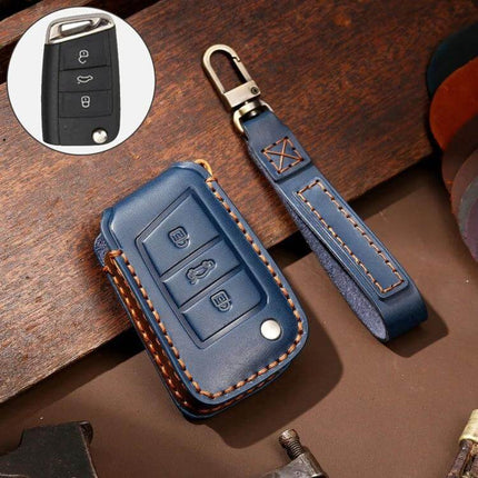 Hallmo Cowhide Leather Key Cover for Volkswagen Lavida in navy blue with leather strap, protective slim fit for VW Lavida car key