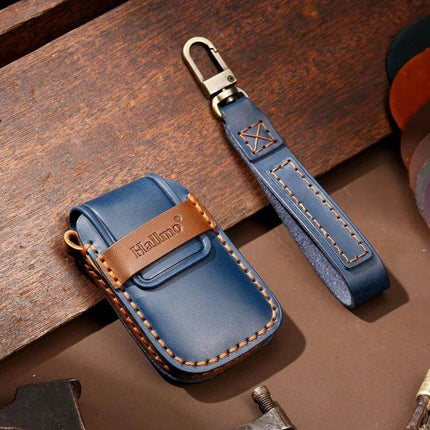 Hallmo Cowhide Leather Key Cover for Volkswagen Lavida in blue with stitched leather key fob and metal clasp