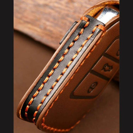 Hallmo Cowhide Leather Key Cover for Volkswagen Lavida - brown genuine cowhide protective key cover with contrast orange stitching