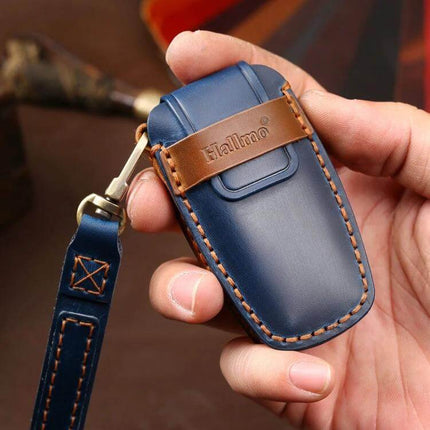 Hallmo Cowhide Leather Key Cover for Haval H6 Car Keys - blue genuine cowhide key fob protector with brown strap and wrist lanyard