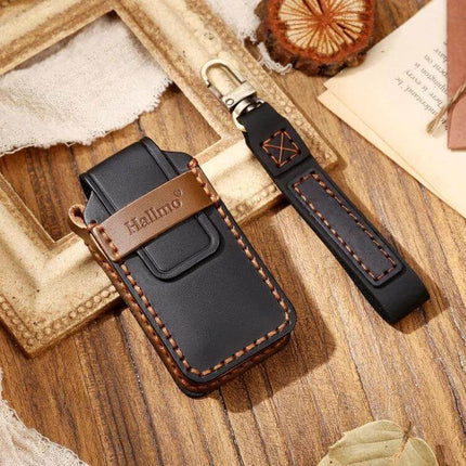 Hallmo Cowhide Leather Protective Key Case for Mitsubishi Outlander - black genuine cowhide leather key pouch with stitched strap and metal clip