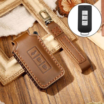 Hallmo Cowhide Leather Protective Key Case for Mitsubishi Outlander brown genuine cowhide leather key cover with strap and key fob