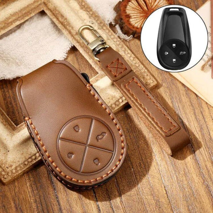Hallmo Cowhide Leather Protective Key Cover for NIO ES6 ES8 brown stitched key case with strap, genuine cowhide protection for daily use