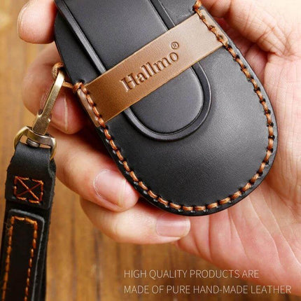 Hallmo Cowhide Leather Protective Key Cover for NIO ES6 ES8 in black hand-stitched genuine cowhide leather with wrist strap