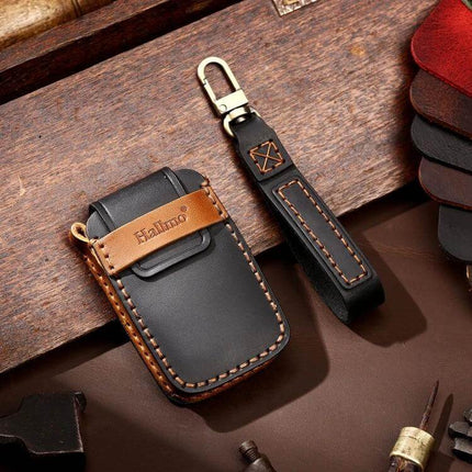 Hallmo Cowhide Leather Protective Key Cover for Land Rover Discovery 5 B Style black brown stitched leather key fob case with strap