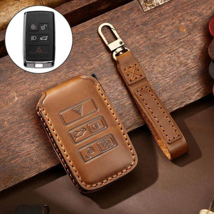 Hallmo Cowhide Leather Protective Key Cover for Land Rover Discovery 5 B Style in brown leather with stitched key fob cover and matching strap