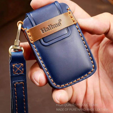 Hallmo Cowhide Leather Protective Key Cover for Land Rover Discovery 5 B Style - navy blue stitched leather key fob cover with wrist strap