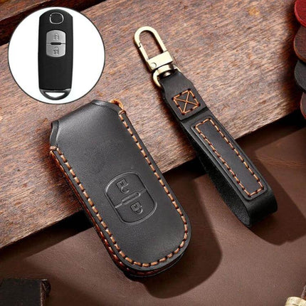 Hallmo Cowhide Leather Protective Key Case for Mazda Axela 2-Button black stitched leather key fob cover with strap and clip