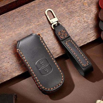 Hallmo Cowhide Leather Protective Key Case for Mazda Axela 2-Button black leather key fob cover with stitched strap and metal clip