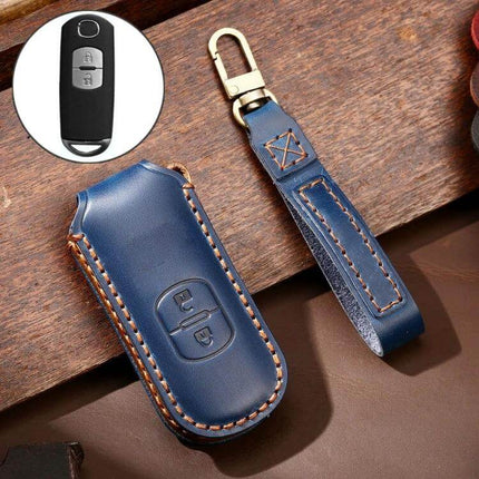 Hallmo Cowhide Leather Protective Key Case for Mazda Axela 2-Button in blue with stitched key fob cover and leather strap