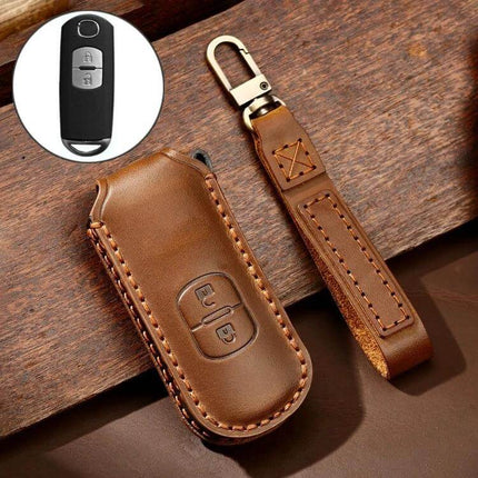 Hallmo Cowhide Leather Protective Key Case for Mazda Axela 2-Button brown stitched leather key fob cover with strap