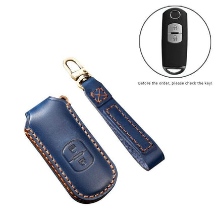 Hallmo Cowhide Leather Protective Key Case for Mazda Axela 2-Button in blue leather with wrist strap, protective stitch detail