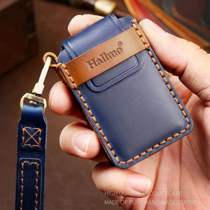 Hallmo Cowhide Leather Protective Key Case for Mazda Axela 2-Button in navy blue hand-held protective leather key fob cover