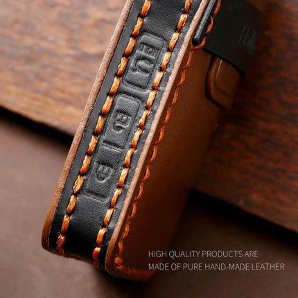 Hallmo Cowhide Leather Protective Key Case for Mazda Axela 2-Button brown hand-stitched key fob cover protecting buttons and edges