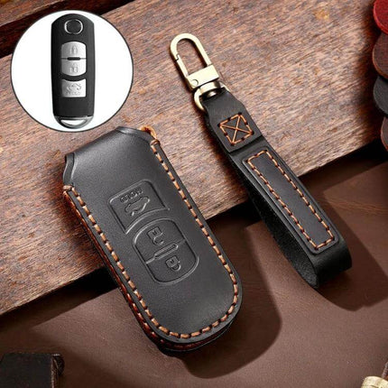 Hallmo Leather Protective Key Cover for Mazda Axela 3-Button black cowhide leather key fob sleeve with stitched keyring strap