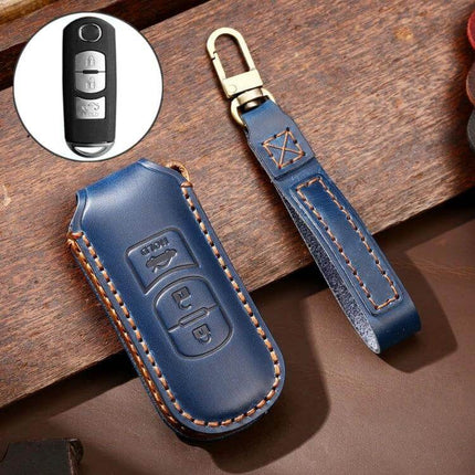 Hallmo Leather Protective Key Cover for Mazda Axela 3-Button in blue cowhide leather with stitched key fob pouch and strap