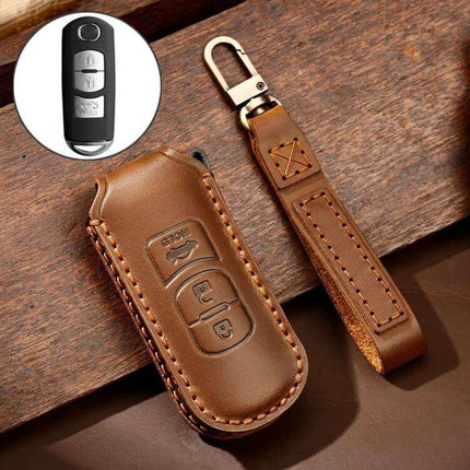 Hallmo Leather Protective Key Cover for Mazda Axela 3-Button brown cowhide key fob cover with strap and keyring